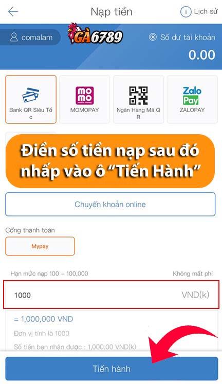 Điền số tiền nạp sau đó nhấp vào ô Tiến Hành để tiếp tục Điền số tiền nạp sau đó nhấp vào ô Tiến Hành để tiếp tục